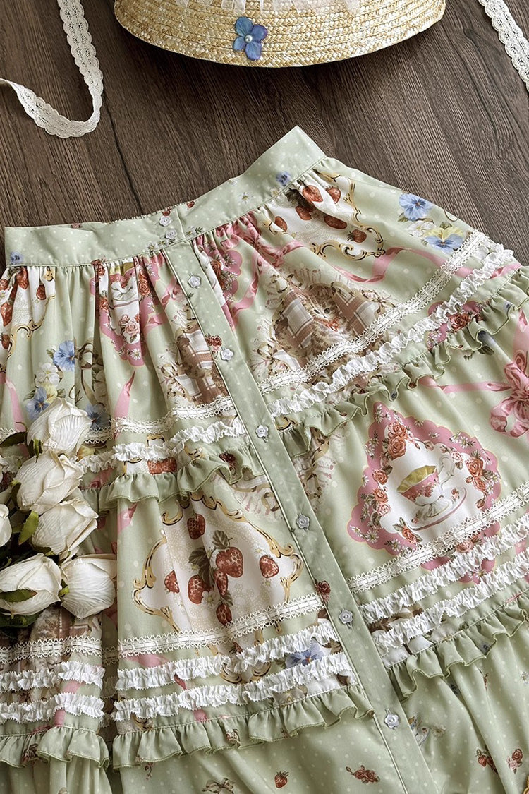 Jupe Lolita Mignonne et Superbe à Volants Imprimée Vert [Thé de Rose de Chat] 
