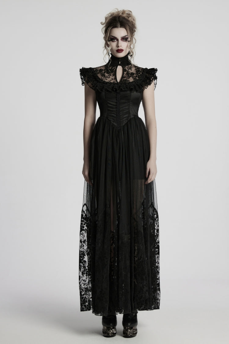 Black Stand Collar Hollow Embroidery Flocking Mesh Women's Gothic Formal Dress