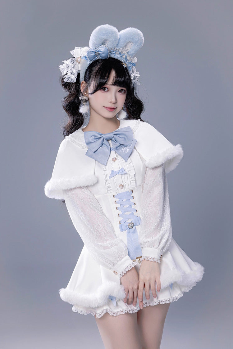 White Long Sleeves Ruffle Bowknot Lace-Up Japanese Jirai Kei Dress Shorts Plush Set