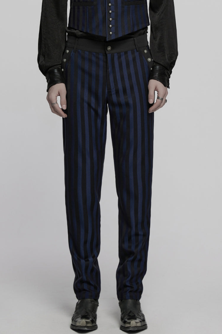 Black/Blue High Waisted Striped Print Men's Gothic Suit Pants