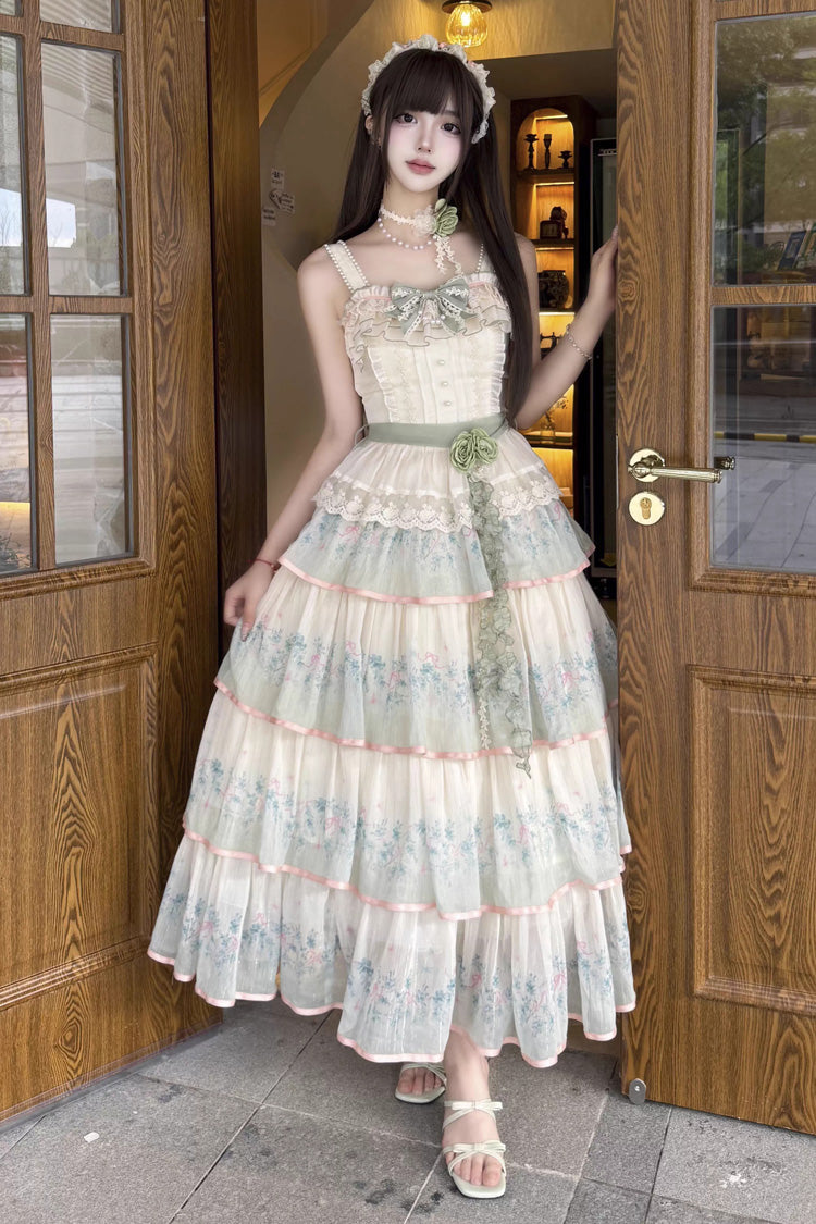 Green [Lilac Thoughts] Sleeveless Gradient Multi-Layered Print Ruffle Bowknot Lace Sweet Lolita Dress Set