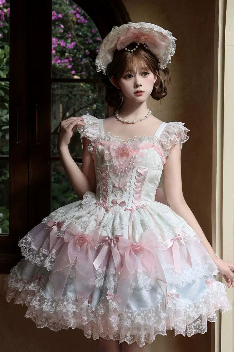 Aprikose/Rosa [Rosa Schattenschleier] Süßes Lolita JSK-Kleid mit quadratischem Kragen, Flatterärmeln, mehrlagiger Schleife und Spitze