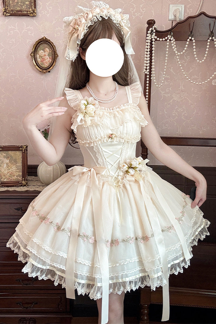 [Mist Champagne] Multi-Layered Ruffle Bowknot Lace Sweet Elegant Ballet Lolita Jsk Dress 3 Colors