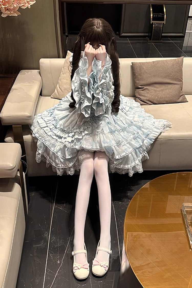 Blue [The Soloist Doll] Long Hime Sleeves Multi-Layered Print Ruffle Bowknot Asymmetric Sweet Lolita Dress