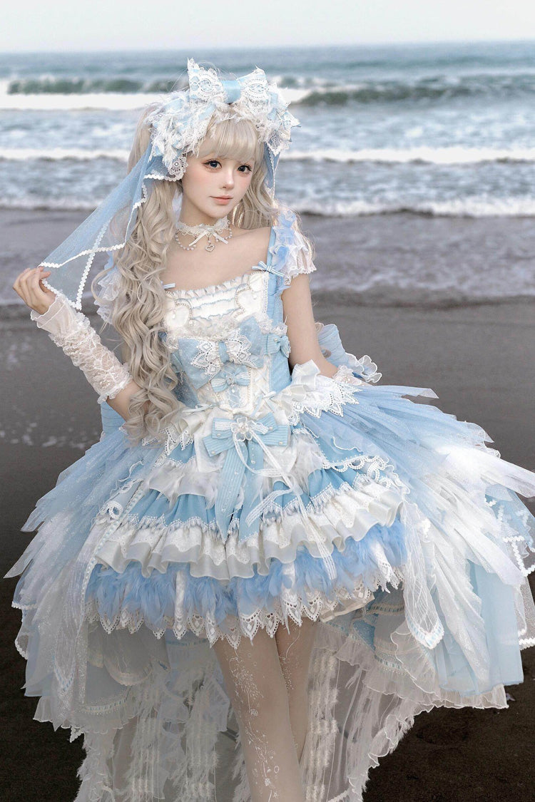 [Radiant Night Swan] Puff Sleeves Corset Waist Bow Lace Ruffled Tulle High-Low Hem Princess Lolita Bridal Dress 3 Colors(Blue, Pink, Dark Blue)