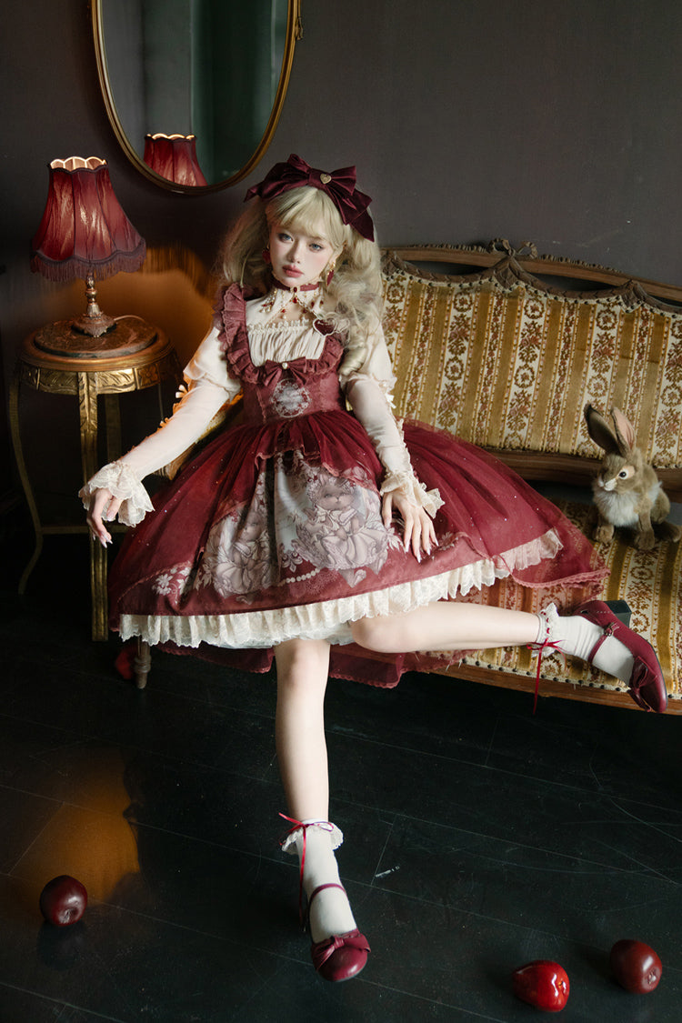 Red Bunny Tea Party Print Ruffle Bowknot Sweet Lolita Jsk Dress
