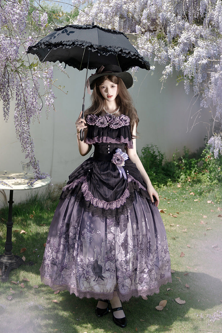 Black/Purple [Angel Garden] Sleeveless Print Ruffle Bowknot Lace Sweet Gothic Lolita Skirt Set