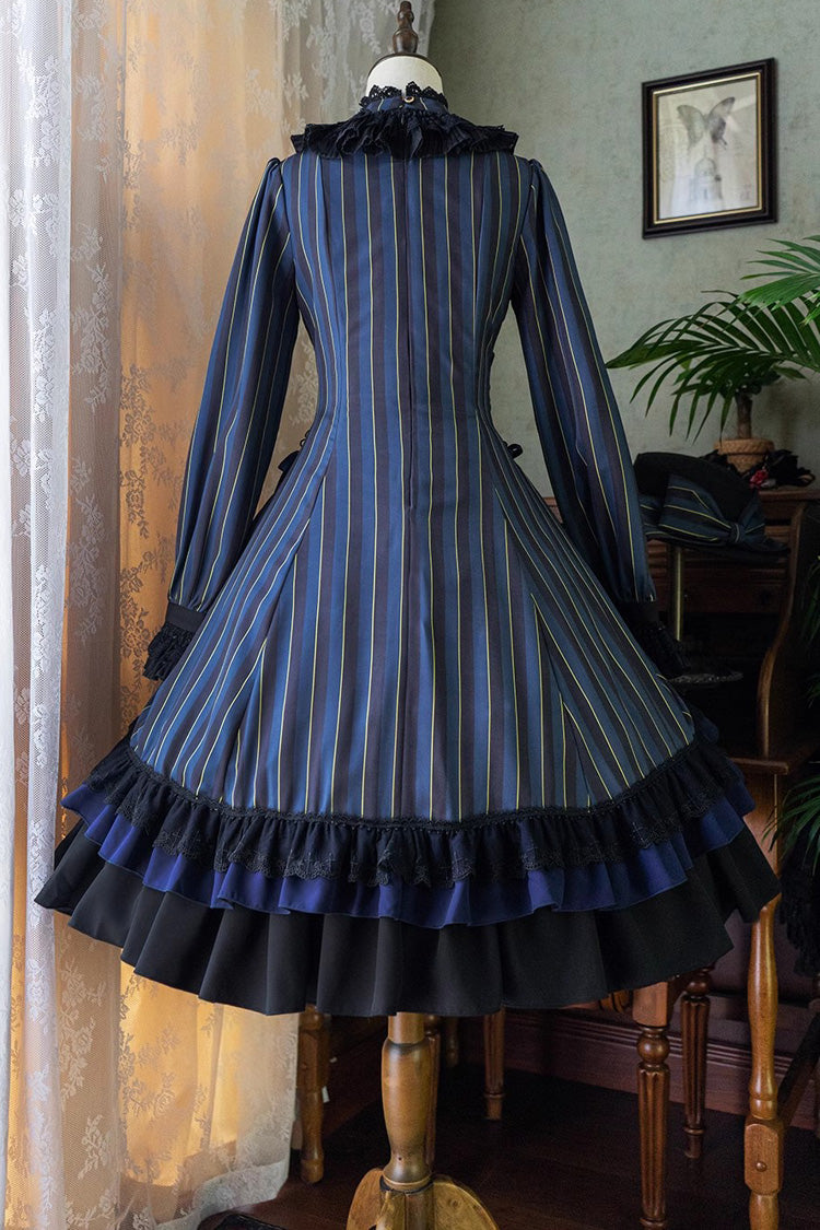 Point Manor Stand Collar Long Sleeves Multi-layer Striped Print Ruffle Gothic Lolita Dress 4 Colors