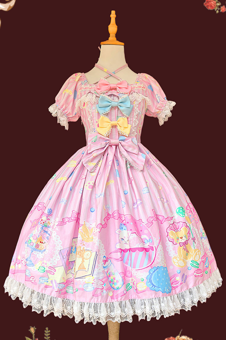 [Macaron Dolly House] Robe Lolita douce à col Claudine, manches courtes, imprimé nœud papillon, 3 couleurs 