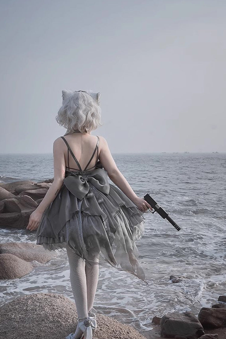 Silbergraues Rüschen-Bowknot-Halbinsel-Eisenbox-Ballett Süßes elegantes Prinzessin-Lolita-Jsk-Kleid