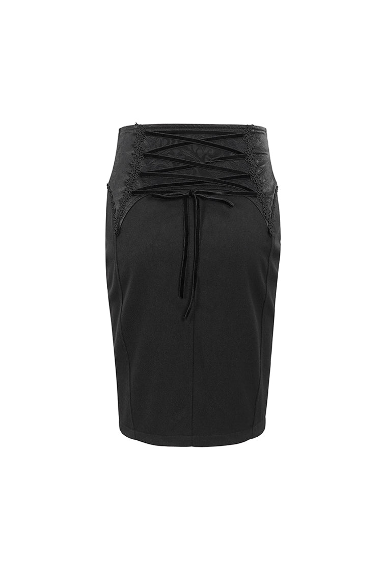 Black Lace Up Floral Embroidered Women's Gothic Split Skirt