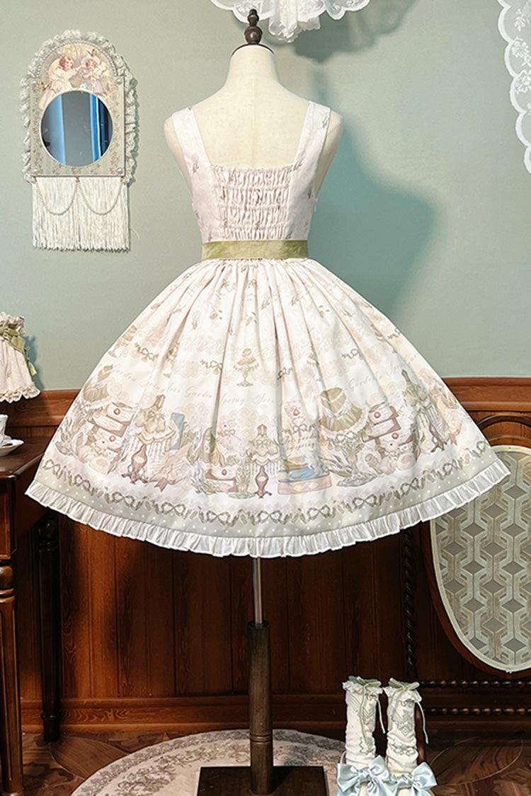 [Iris Study] V-Kragen Ärmellos Print Schleife Spitze Süßes Lolita Pullover Kleid 2 Farben