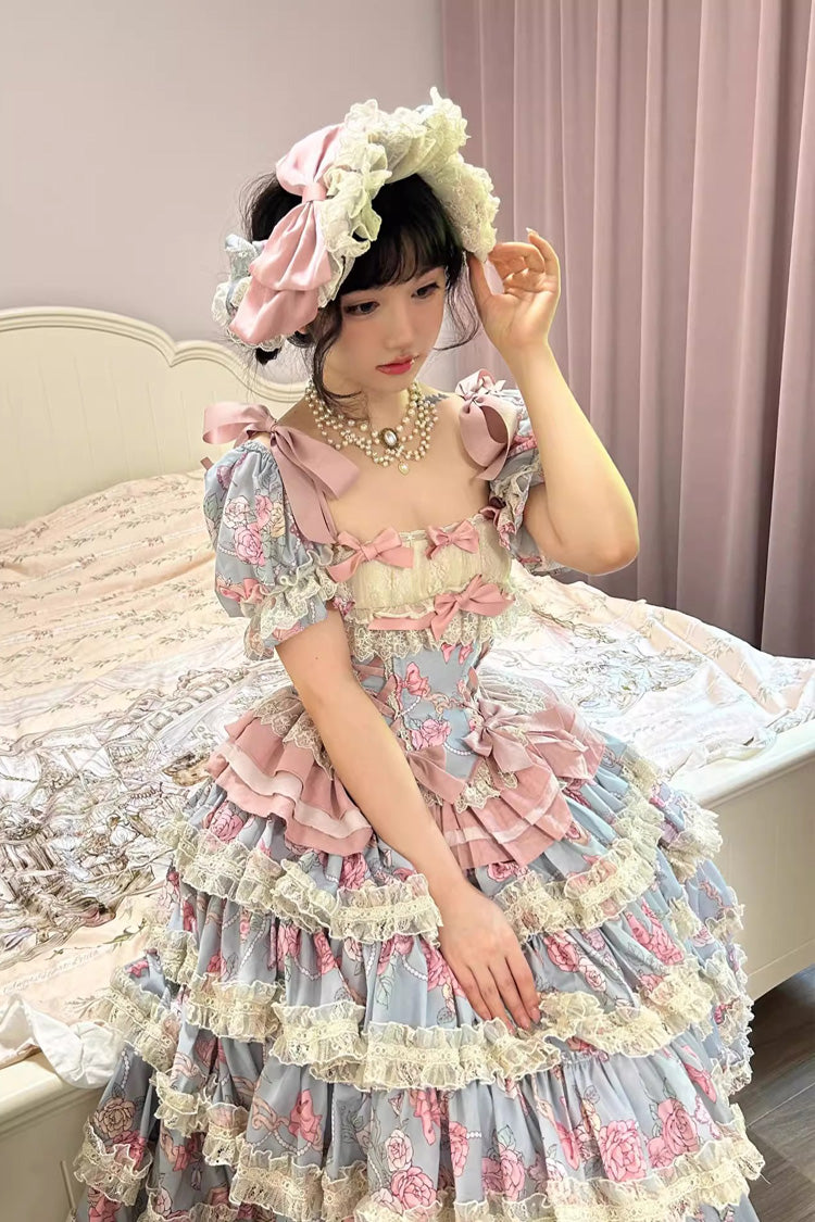 Blue/Pink [Gem Rose] Multi-Layered Ruffle Bowknot Lace Sweet Princess Lolita Skirt 2 Versions