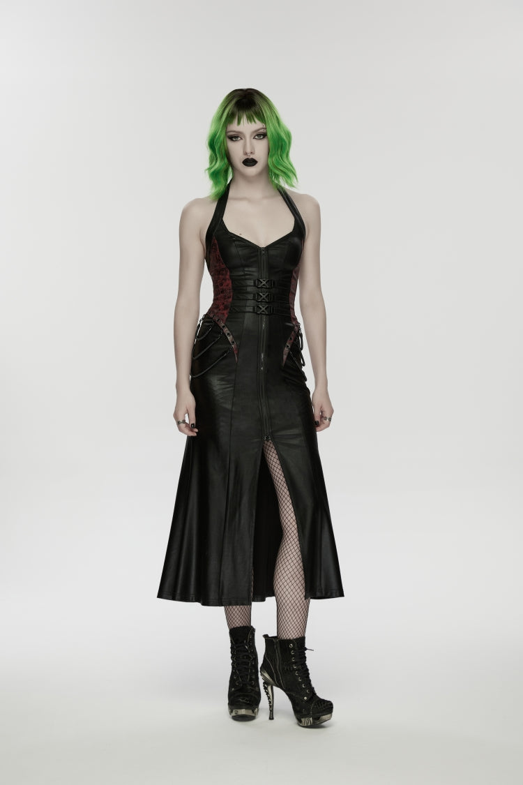 Black/Red Halterneck Sleeveless Lace-Up Slim Buckled Women's Punk Dress