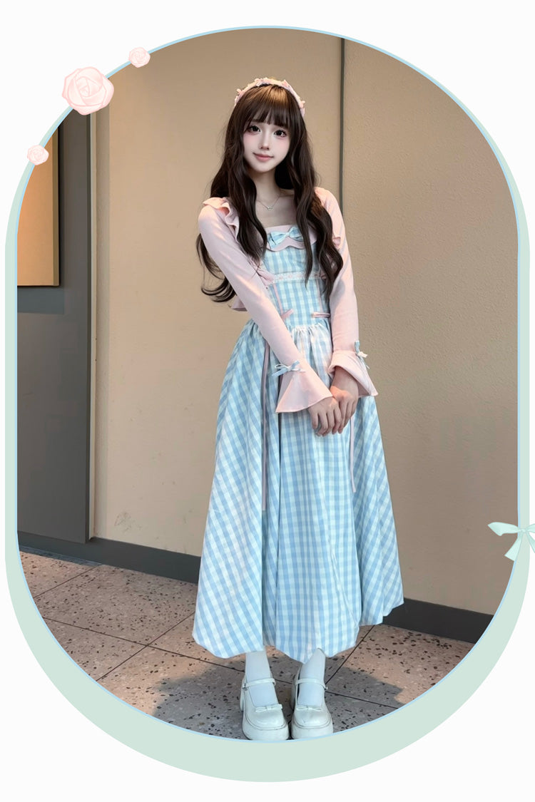 Blue [Sea Salt Strawberries] Sleeveless Plaid Print Bowknot Sweet Lolita Jsk Long Dress