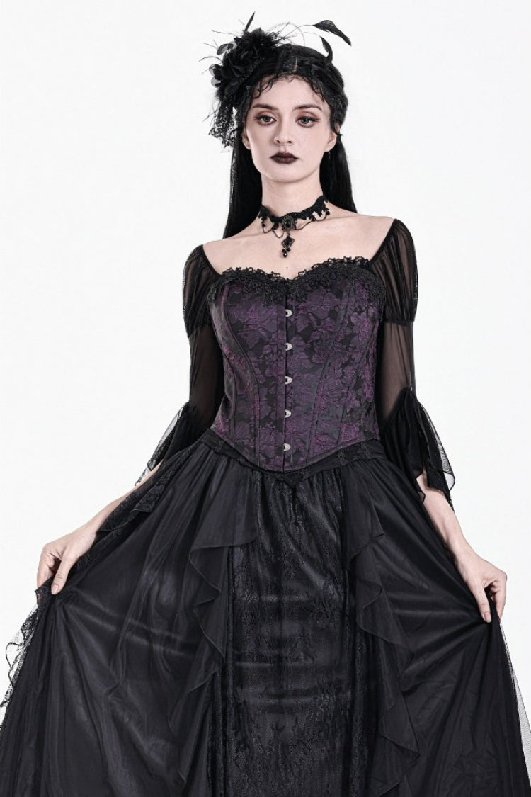 Purple Jacquard Lace Trim Lace-Up Women's Gothic Victorian Overbust Corset