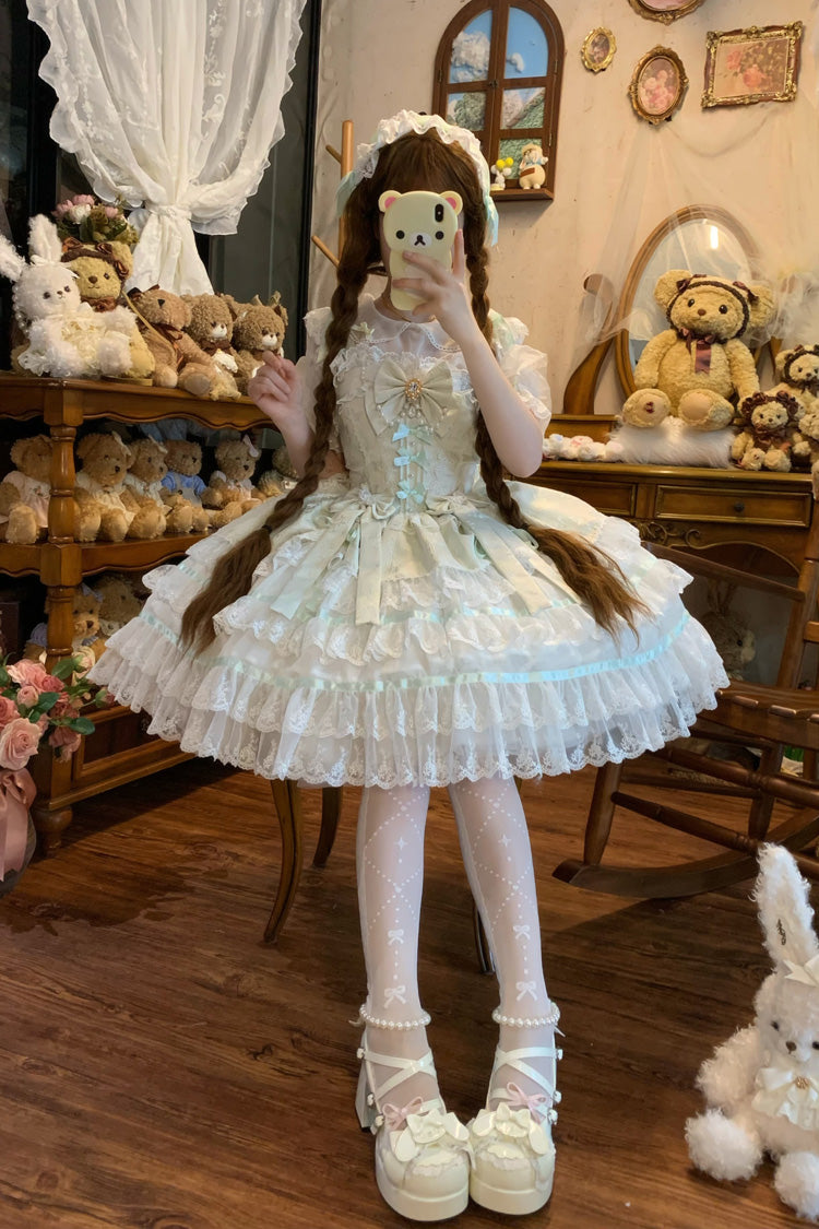 Green [Snow Kissed Romance] Sleeveless High Waisted Multi-Layered Bowknot Lace Pearl Sweet Ballet Lolita Jsk Dress