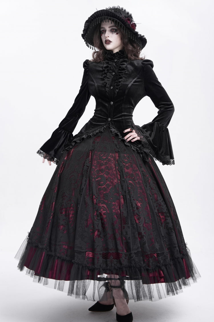 Black Stand Collar Long Trumpet Sleeves Ruffle Swallow-tailed Women's Gothic Blouse