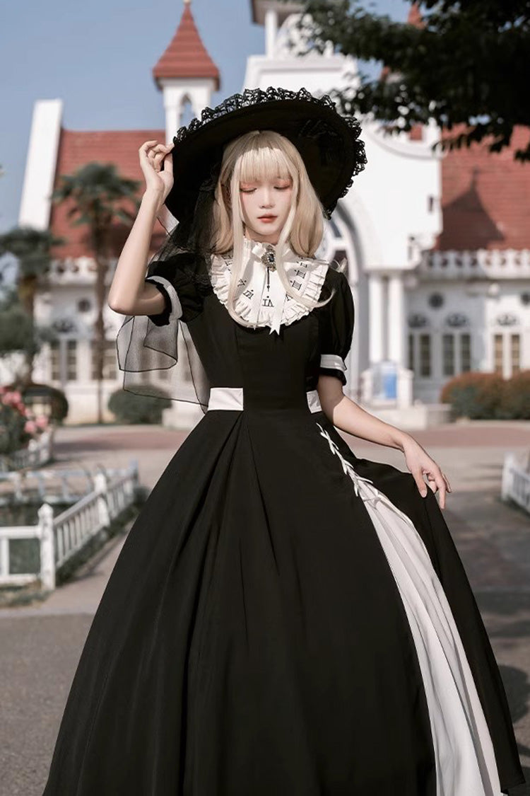 Black/White Short Sleeves Color-blocked with Detachable Embroidered Faux Collar Gothic Lolita Dress