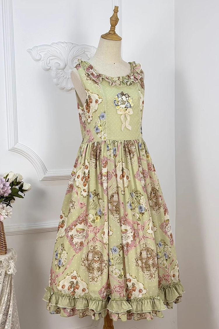 Robe Jsk Lolita Douce Sans Manches Imprimée à Volants et Nœud Papillon [Thé Rose Chat Vert] 
