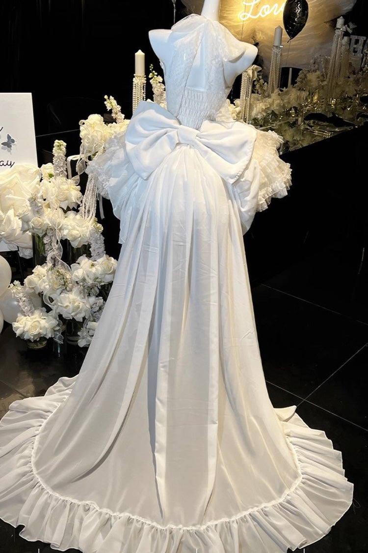 Robe Lolita Princesse Douce en Dentelle à Lacets Hanayome à Volants Triple Épaisseur sans Manches à Dos Nu Blanc [Rêve] 
