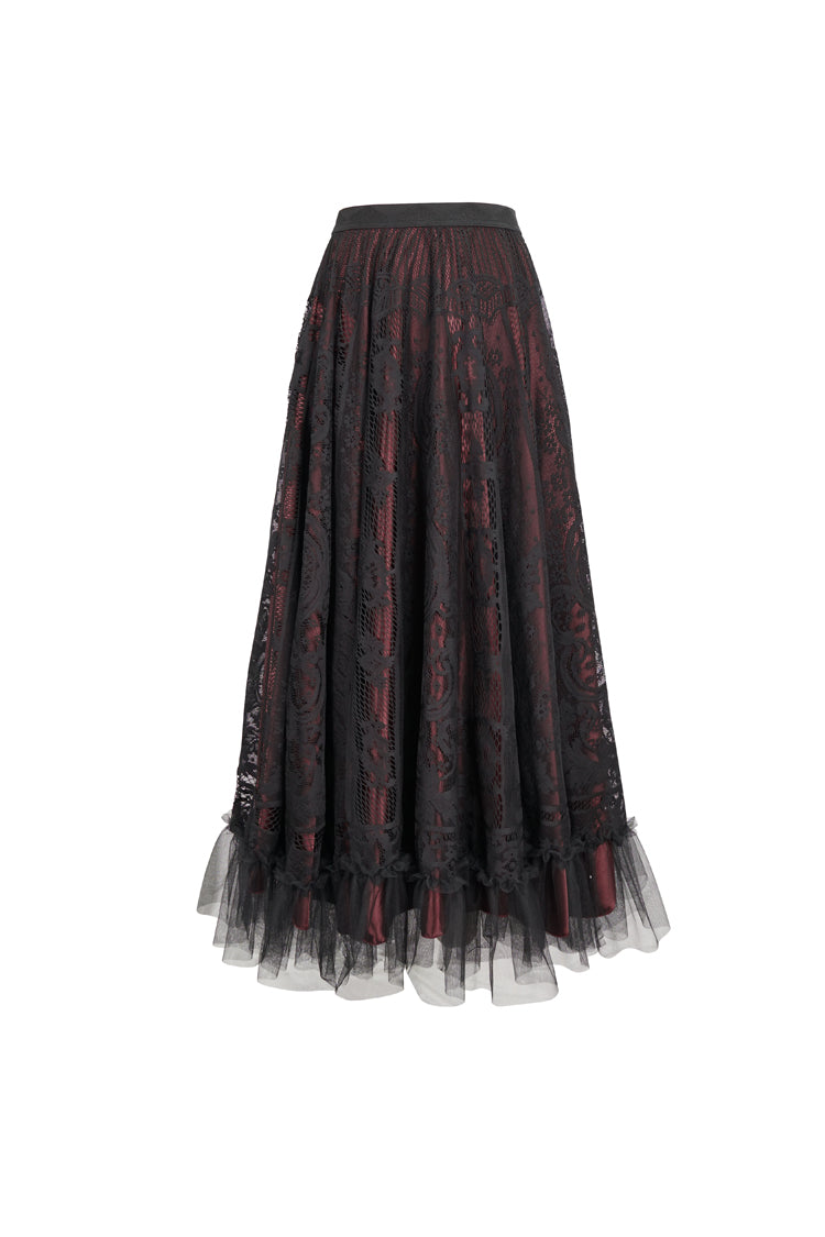 Black/Red Lace Flower Mesh Hem Paneled Ruffles Lace Big Swing Women's Gothic Skirt