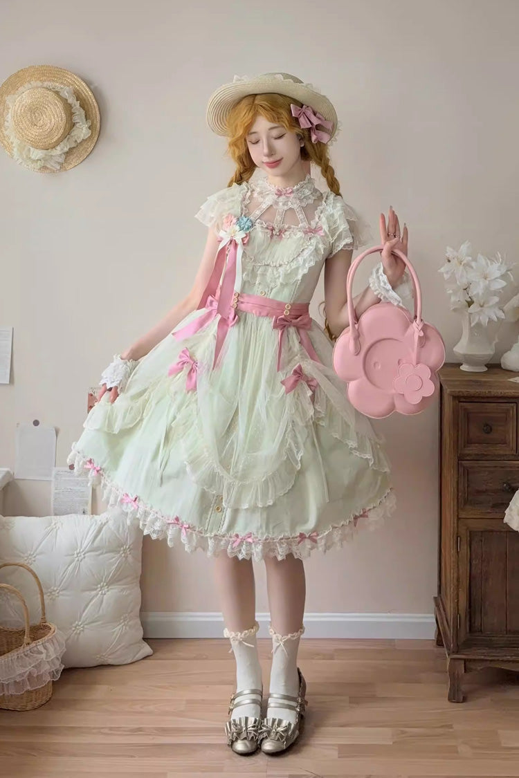 Green [Sakura’s Spring Resonance] Sleeveless Ruffled Bow Sweet Lolita Jsk Dress (Short Version)