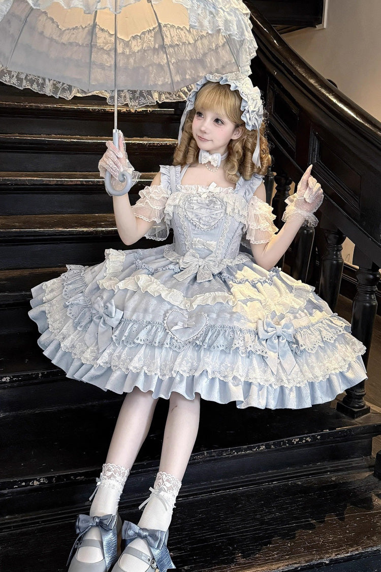 Robe Lolita Jsk bleue [Super Cute Belia] sans manches à trois volants superposés avec nœud en dentelle douce et élégante 