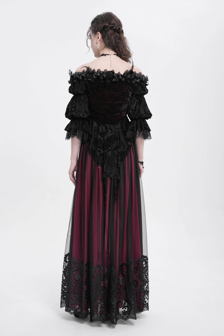 Red Off Shoulder Long Sleeves Ruffle Embroidery Lace-Up Women's Gothic Blouse