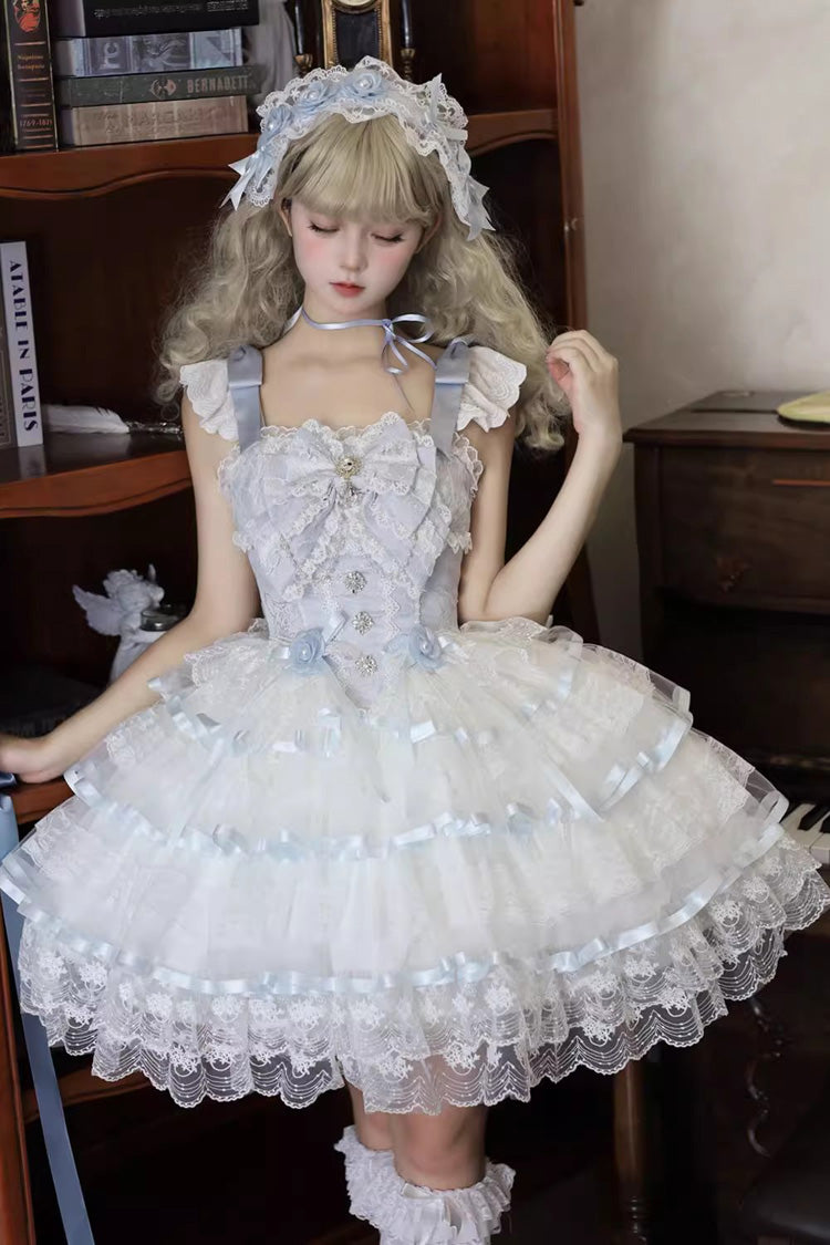 Blue [Rose Feather Waltz] Sleeveless Triple-Layered Ruffle Bowknot Lace Sweet Ballet Lolita Jsk Dress