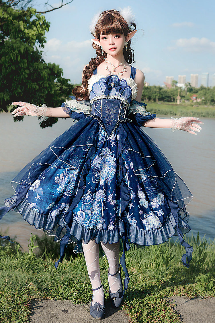 Blaues [Tiefseequallen] Print Rüschenspitze Süßes Elegantes Lolita Jsk Kleid