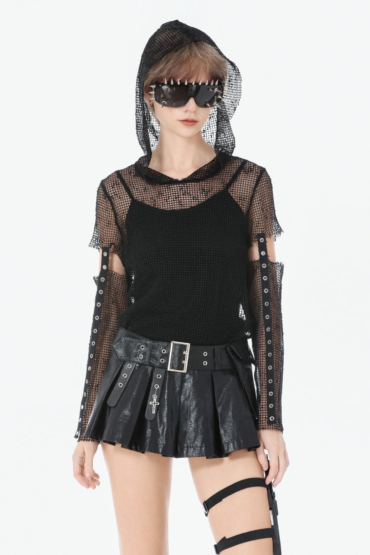 Black Low Waisted Eyelet Women's Punk Shorts with Asymmetric Pleated Belt