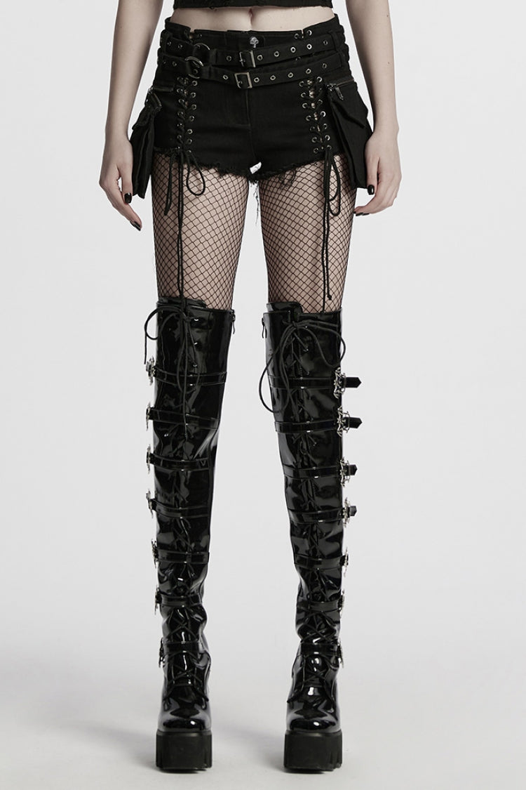 Black Lace-Up Women's Punk Denim Shorts with Detachable Pocket