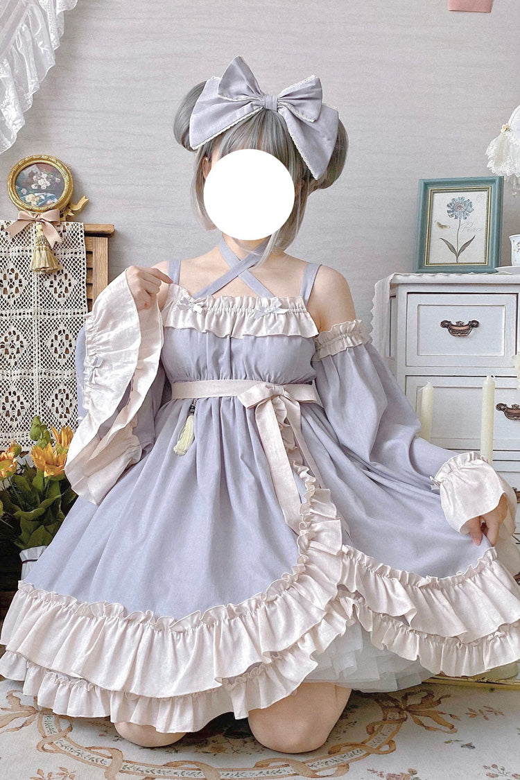 Grey [Monet Estate] Sleeveless High Waisted Ruffle Bowknot Asymmetric Sweet Lolita Jsk Dress