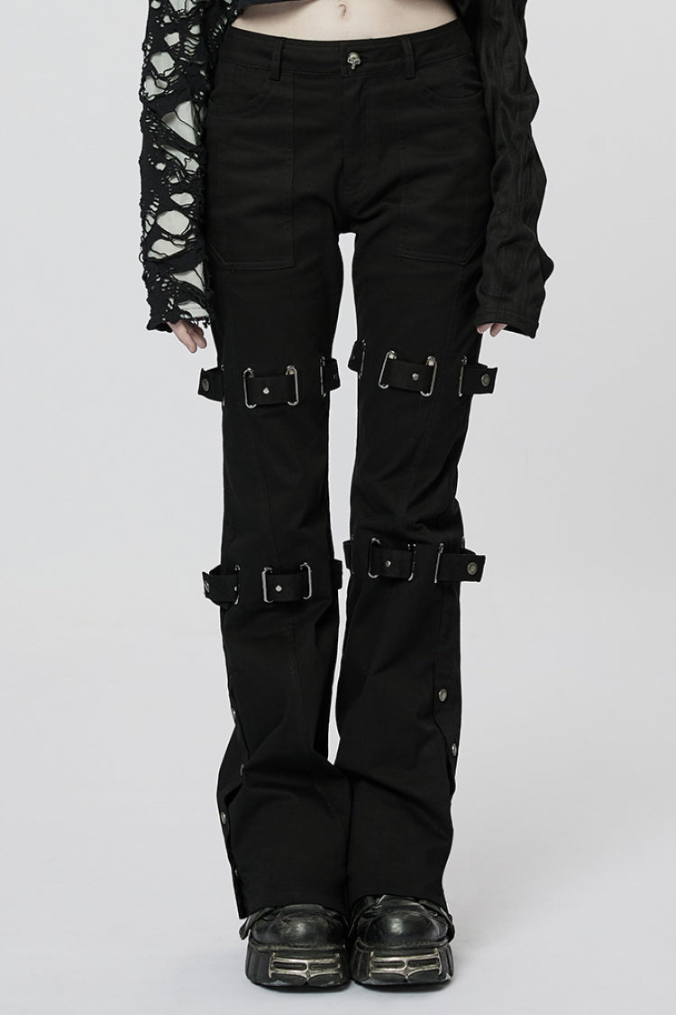 Schwarze Steampunk-Schlaghose mit Riemen aus Metallschnallen für Damen