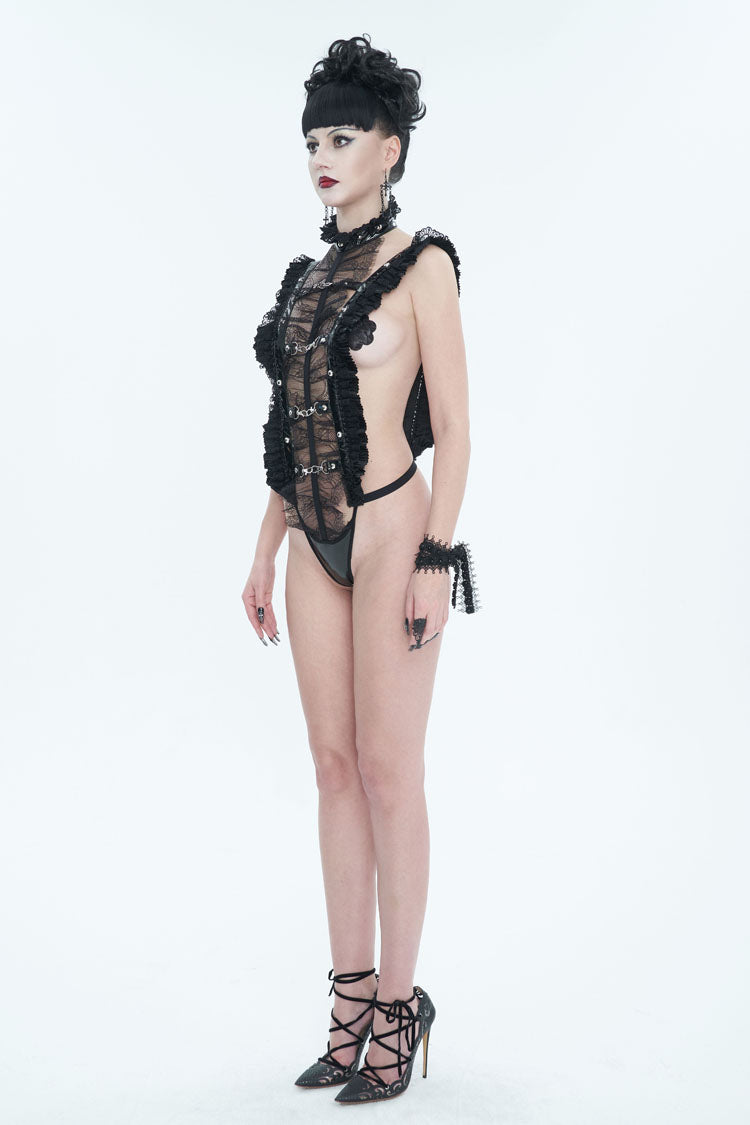 Black Stretch Patent Leather Cutout Lace Ruffle Button Women's Gothic Bodysuit