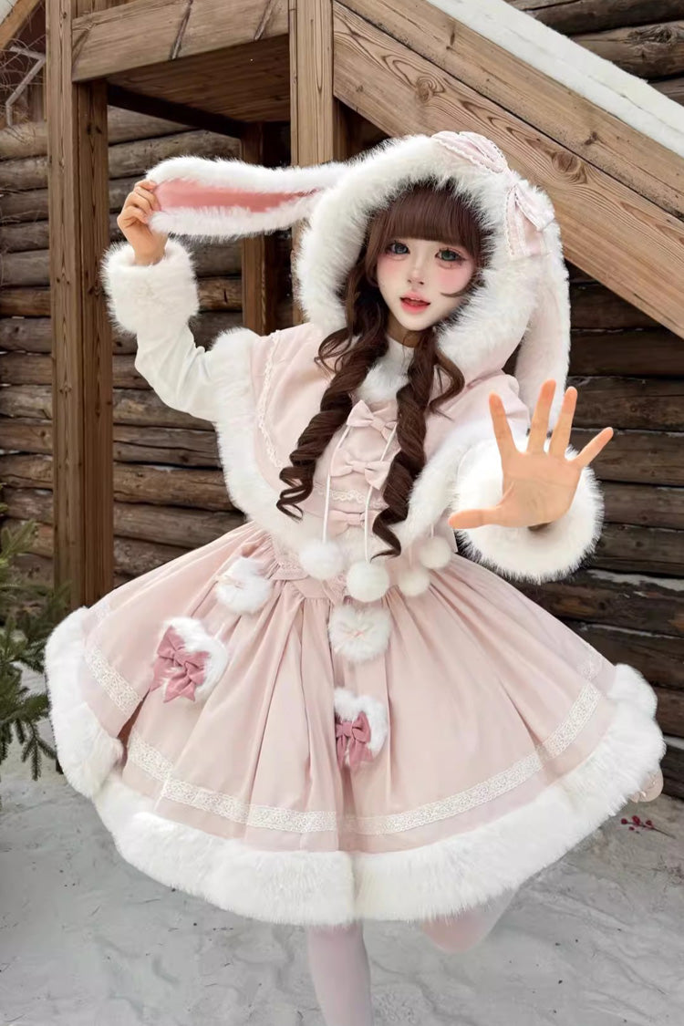 [Sweet Dream Bunny] Furry Bowknot Sweet Lolita Dress 2 Colors and 2 Versions
