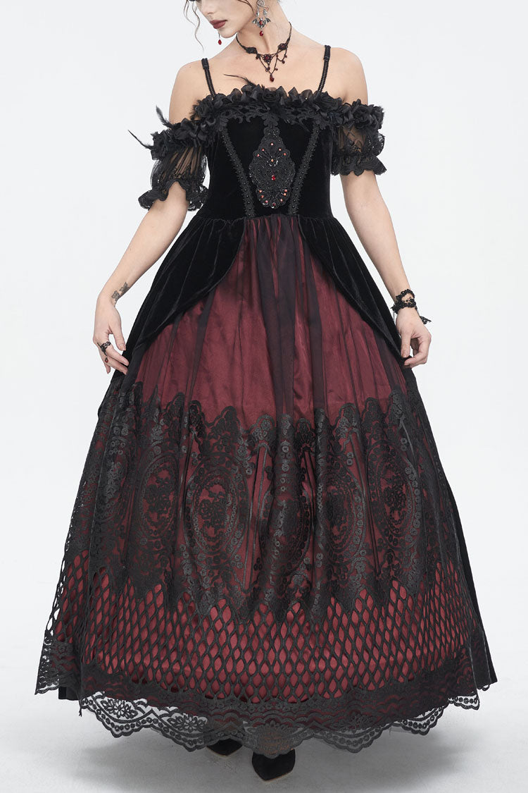 Red Off Shoulder High Waisted Print Lace Women's Gothic Dress