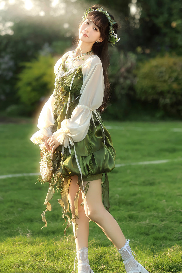 Green [Children of the Forest] Leaf Decoration Ruffle Irregular Sweet Lolita Jsk Dress Set