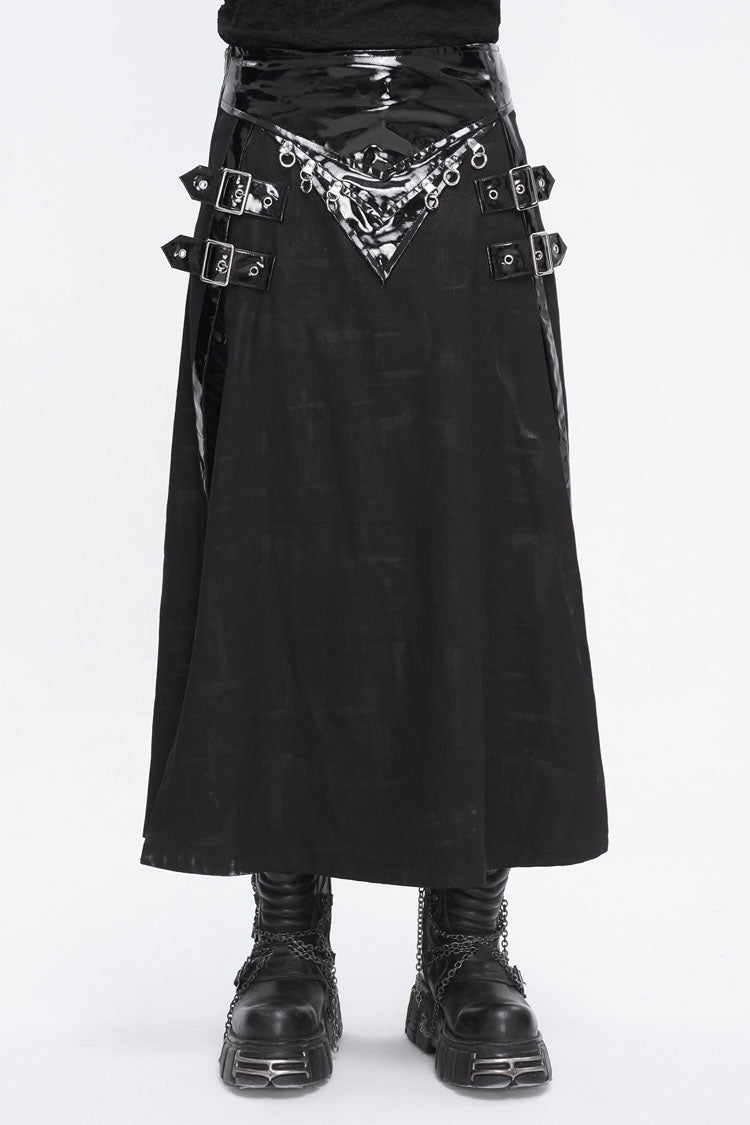 Black Patent Leather Splice Split Men's Punk Skirt
