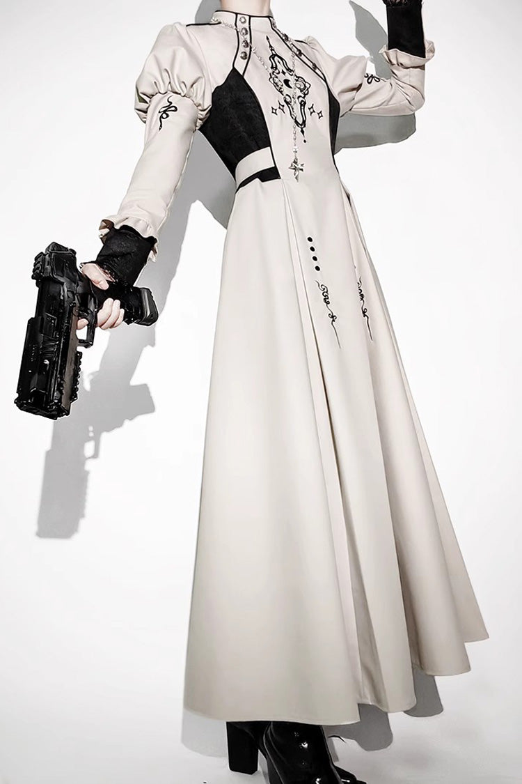 White Long Sleeves Moon Talisman Print Gothic Lolita Long Dress