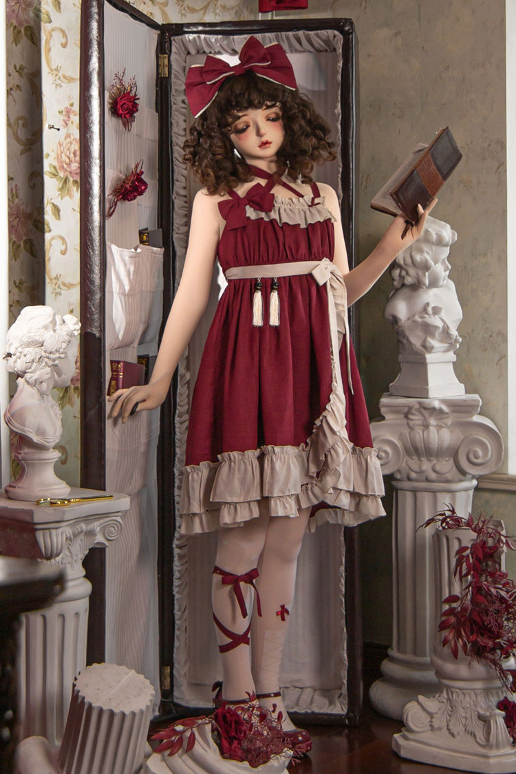Red [Monet Estate] Sleeveless High Waisted Ruffle Bowknot Asymmetric Gothic Lolita Jsk Dress