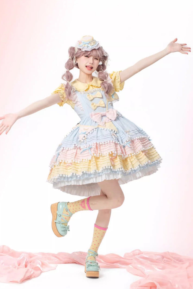 Blue/Pink/Yellow Sweetheart Macaron Ice Cream Multi-Layered Ruffle Bowknot Sweet Lolita Dress