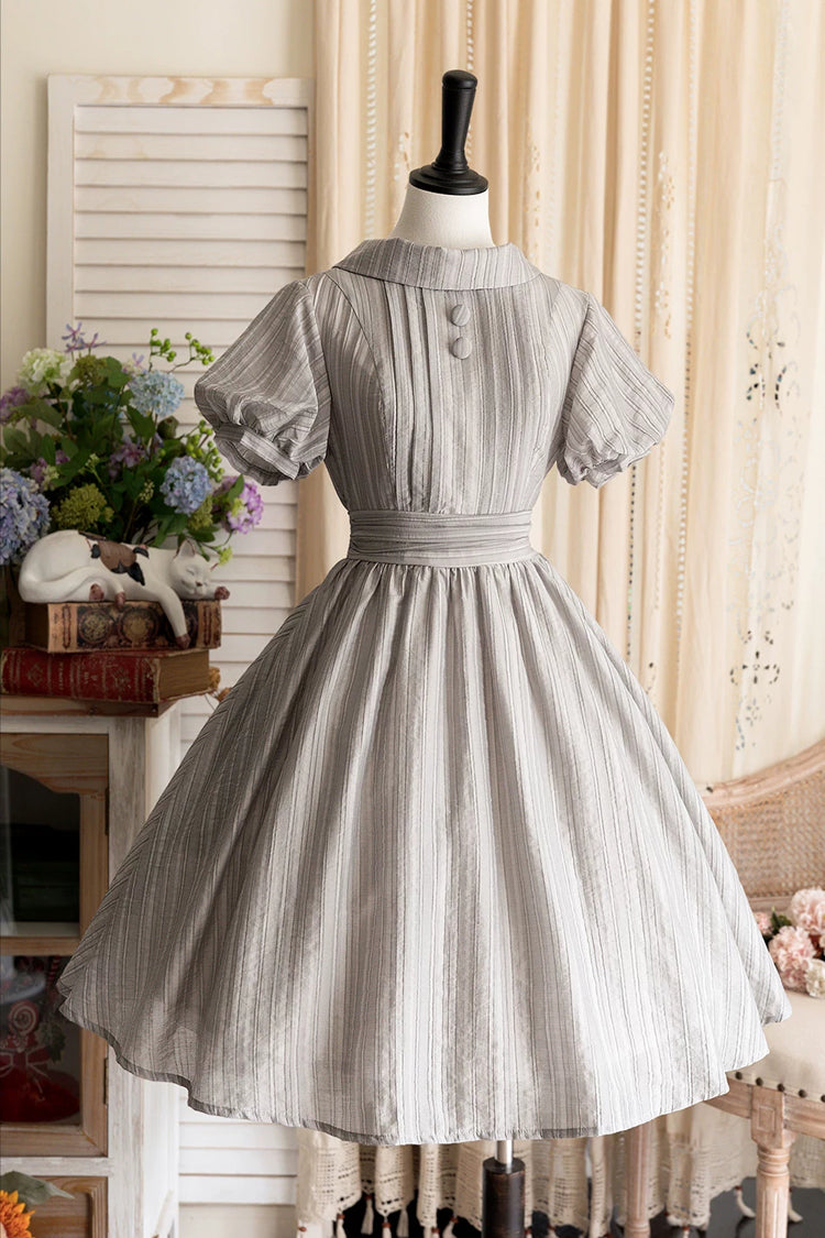 Robe Lolita grise, col haut, manches courtes lanterne, Style pastoral, classique, Vintage, élégante, gris