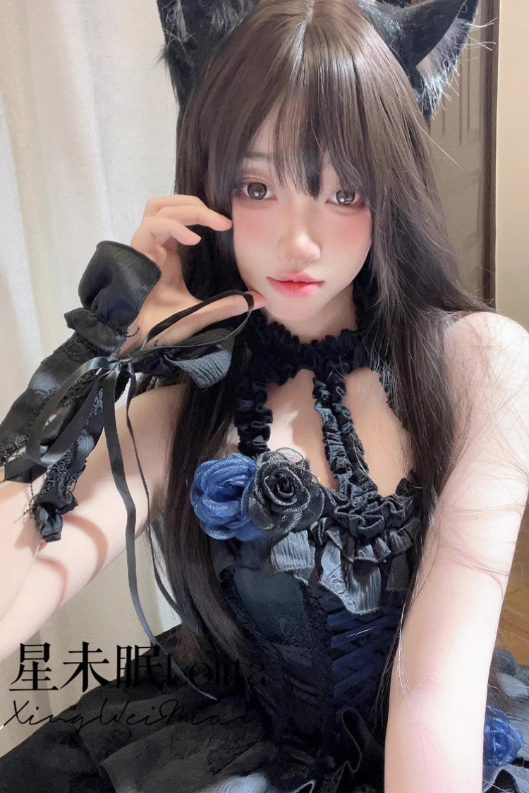 [Sunset Venus] Halterneck Sleeveless Multi-Layered Ruffle Bowknot Lace Fishbone Sweet Lolita Dress 2 Colors