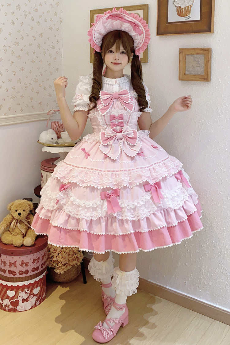 Pink [Fondant Cake] Sleeveless Multi-Layered Ruffle Bowknot Lace Sweet Lolita Jsk Dress