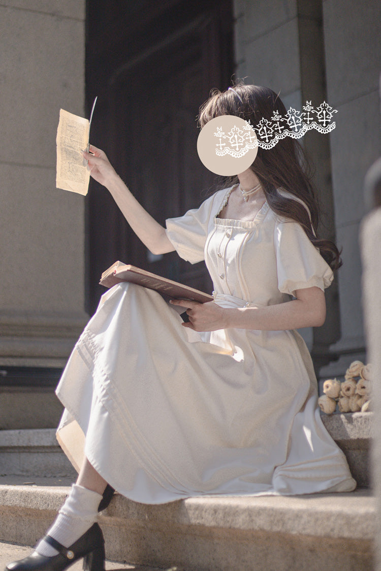 Apricot [Random Thoughts] Square Collar Short Sleeves Ruffle Classic Vintage Elegant Lolita Dress