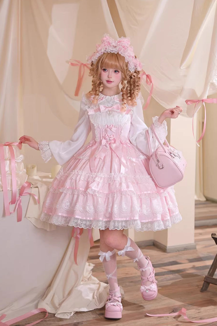 【Pink Mist Sweet Dream】ノースリーブ二層フリルリボンスイートロリータJSKワンピース