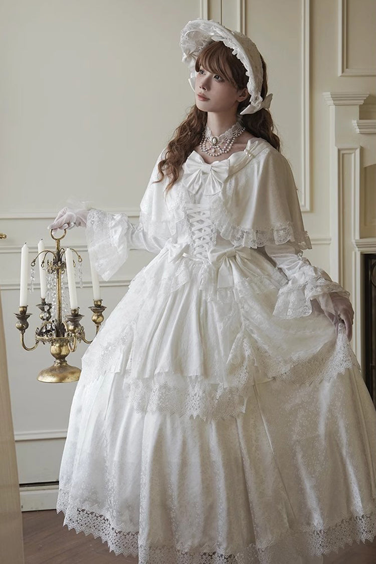 White [Cherish] Long Trumpet Sleeves Ruffle Hanayome Bowknot Lace-Up Sweet Lolita Dress