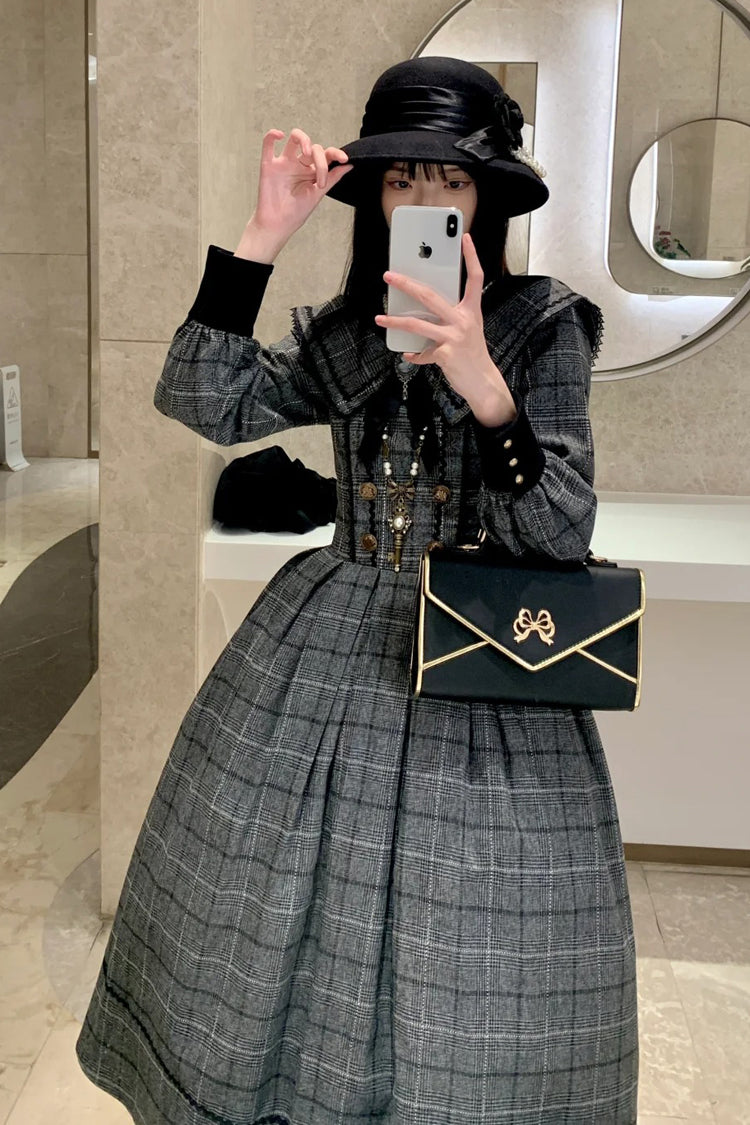Grey [Fontainebleau] Long Sleeves Plaid Print Bowknot Elegant Sweet Lolita Dress